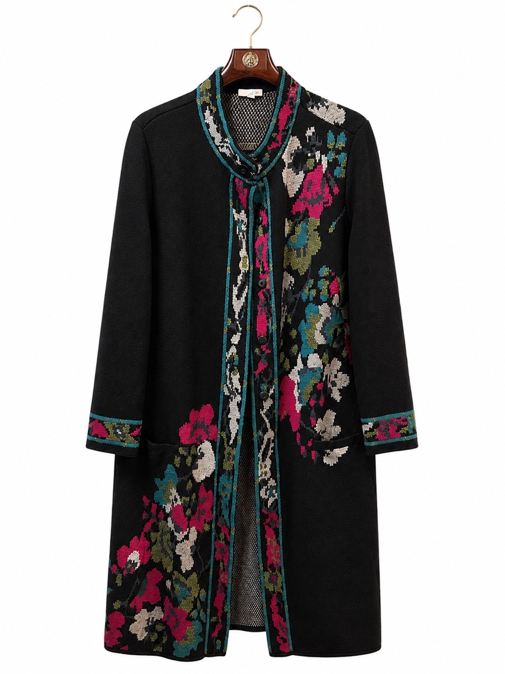 J. Jill Black Floral Long Duster Cardigan Sweater Coatigan Size XL Front Pockets - Picture 2 of 8